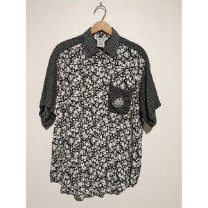 Vintage 80s Mixed Print Collar Blouse Top M  Black White